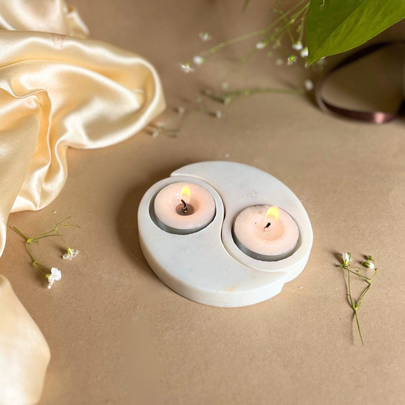 Eudora Ying Yang Handcrafted Marble Tealight Candle Holder - Set Of Two