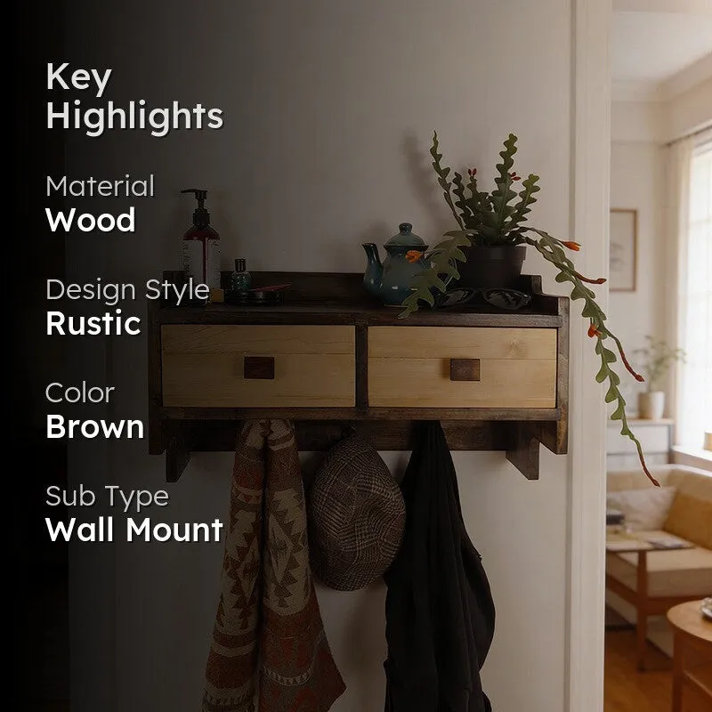 Sycamore OAK Wooden Wall Shelf with Drawers & Key Holders media 2
