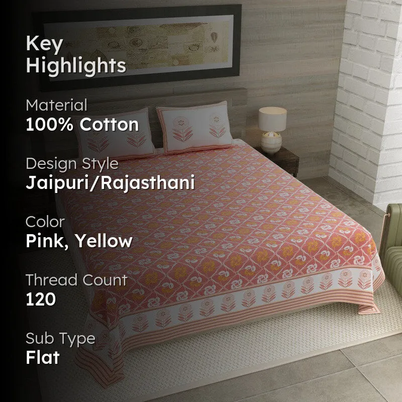 Rang Aura Cotton Bedsheet (Pink,Yellow) - 120 TC media 2