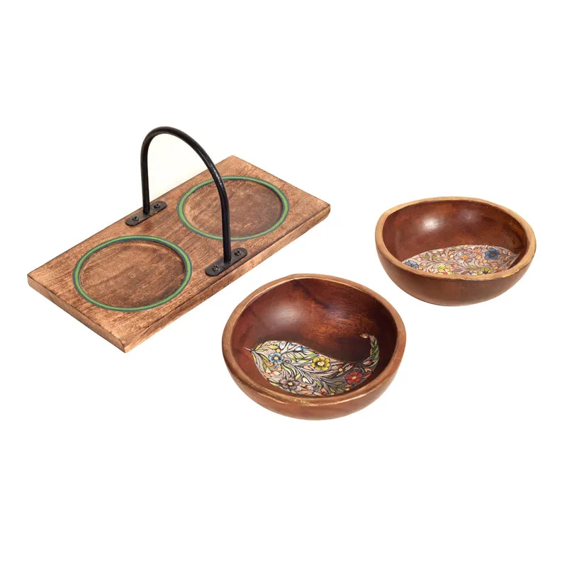 Paisley Motif Wood Dip Bowl With Stand - Three Piece Set media 5