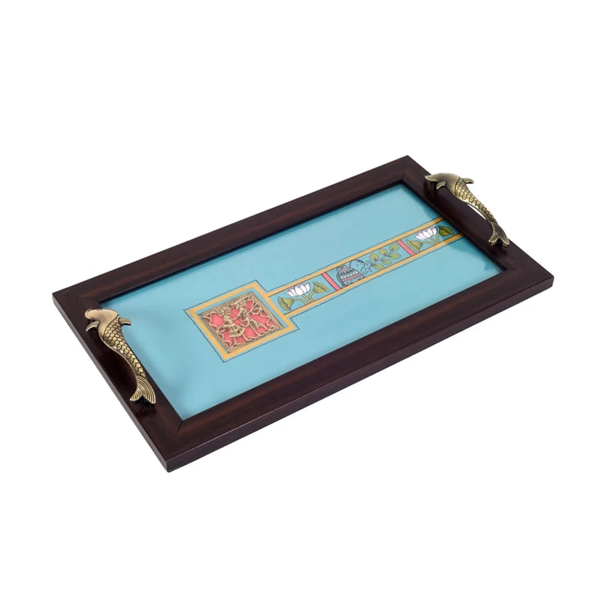 Periwinkle blue tray with dark wooden border and two decorative fish-shaped handles