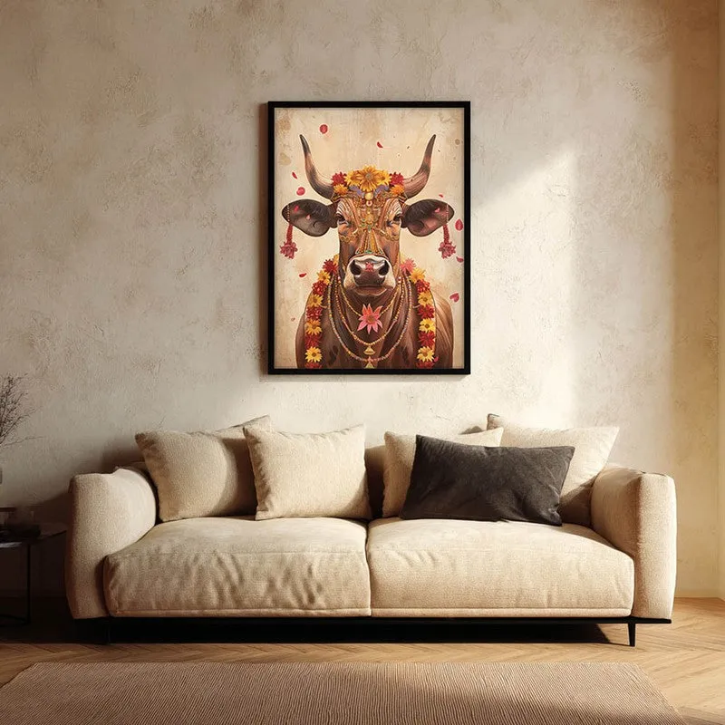 Divine Cow Traditional Canvas Wall Painting With Black Frame media 1