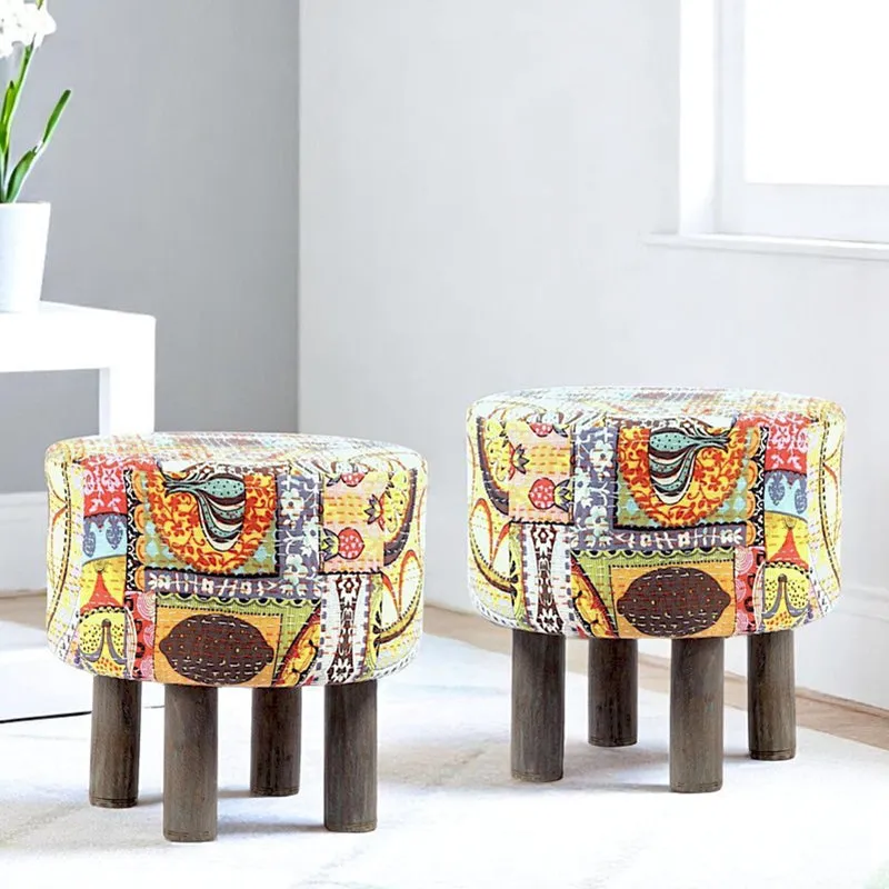 Bverix Acacia Wooden Ottomans (Multicolor) - Set Of Two media 1