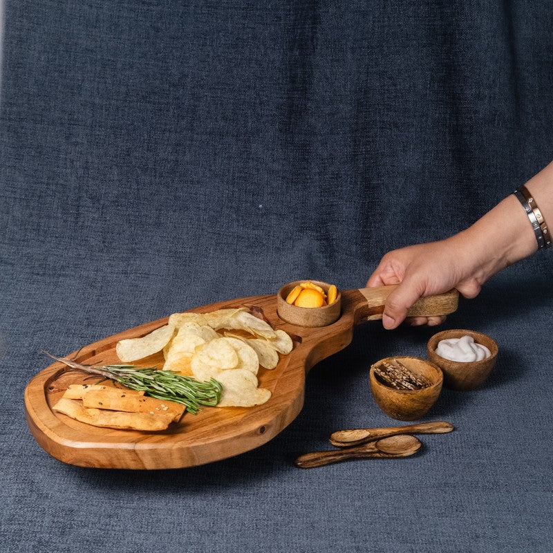 Verdant Leaf Shaped Wood Serving Platter With Dip Bowl - Two Piece Set media 5