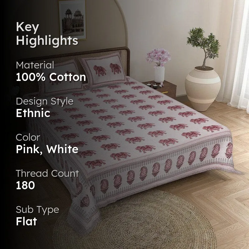 Viraj Ethnic Cotton Bedsheet (White,Pink) - 180 TC media 2