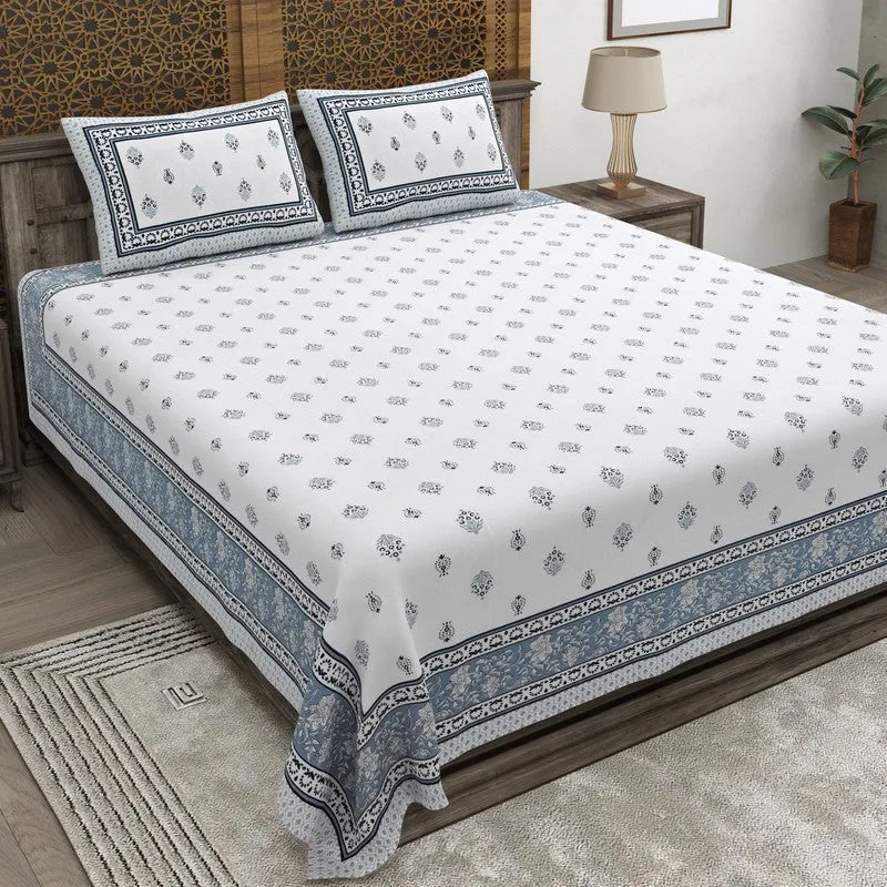 Gardenon Cotton Bedsheet (White,Blue) - 240 TC media 1