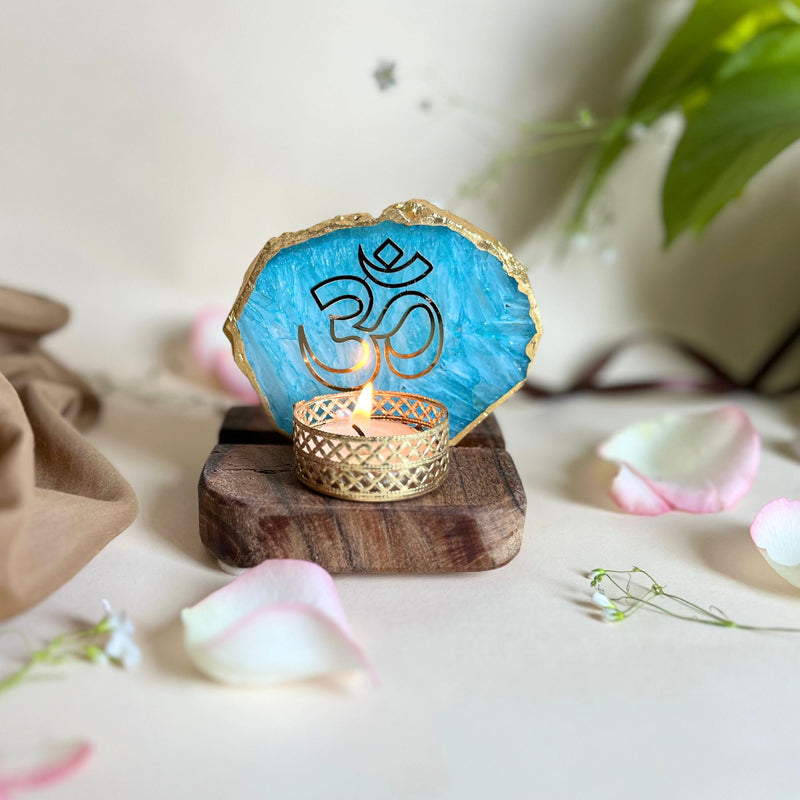 Om Handcrafted Agate Religious Accent With Tealight Candle Holder - Turquoise media 4