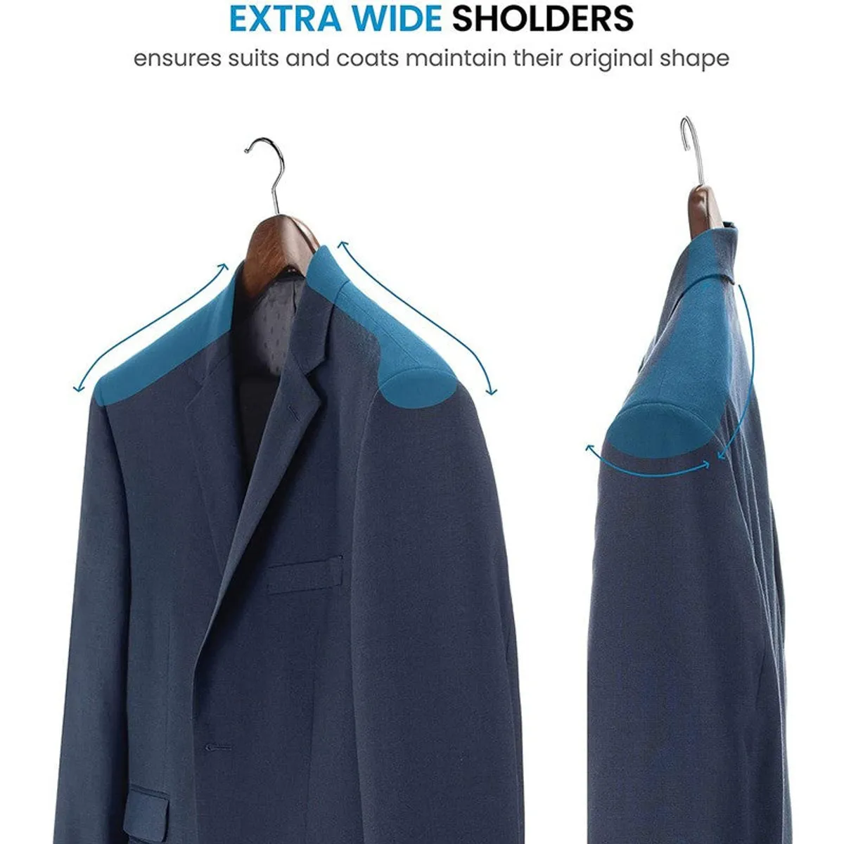 Wooden hanger supporting a blue blazer with broad contoured shoulders
