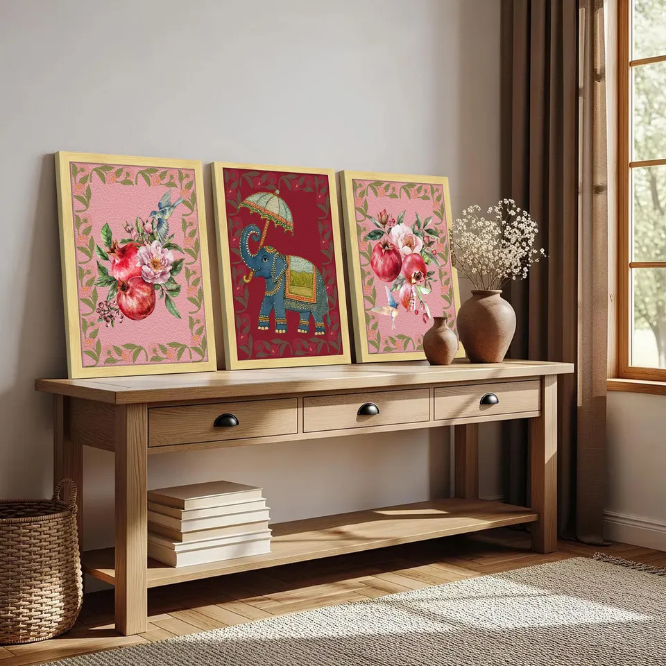 Floral Majesty & Gajraj Wall Paintings - Set Of Three media 5