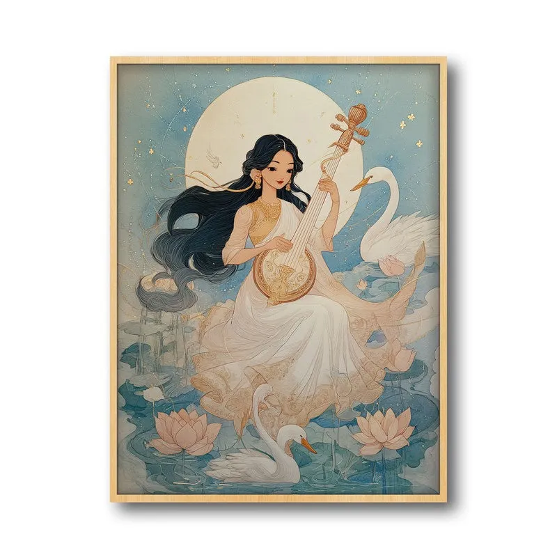 Goddess Saraswati Playing Bina Blissful Archival Paper Wall Art - Natural Brown Frame media 5