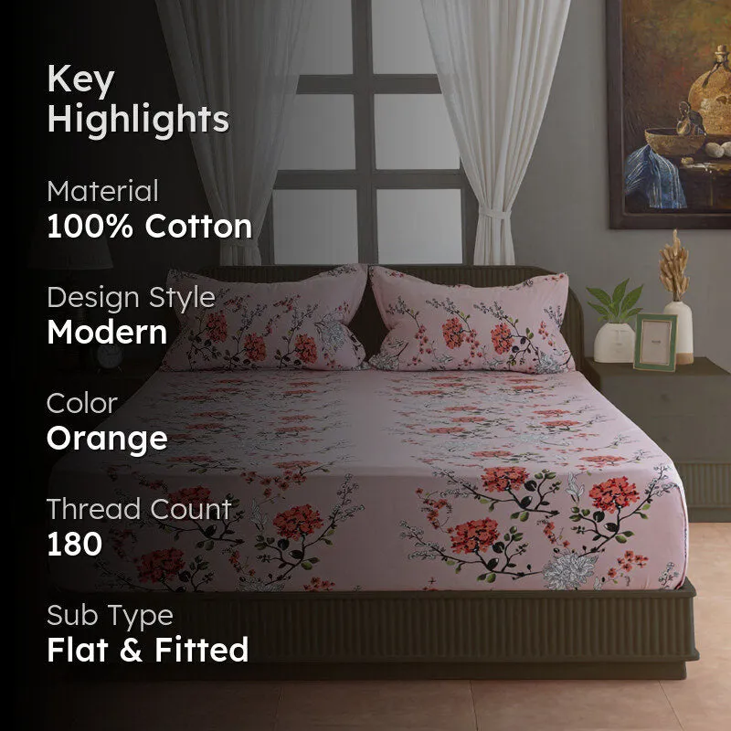 Swayam Light Orange Floral Cotton Bedsheet - 180 TC || Super Soft media 2
