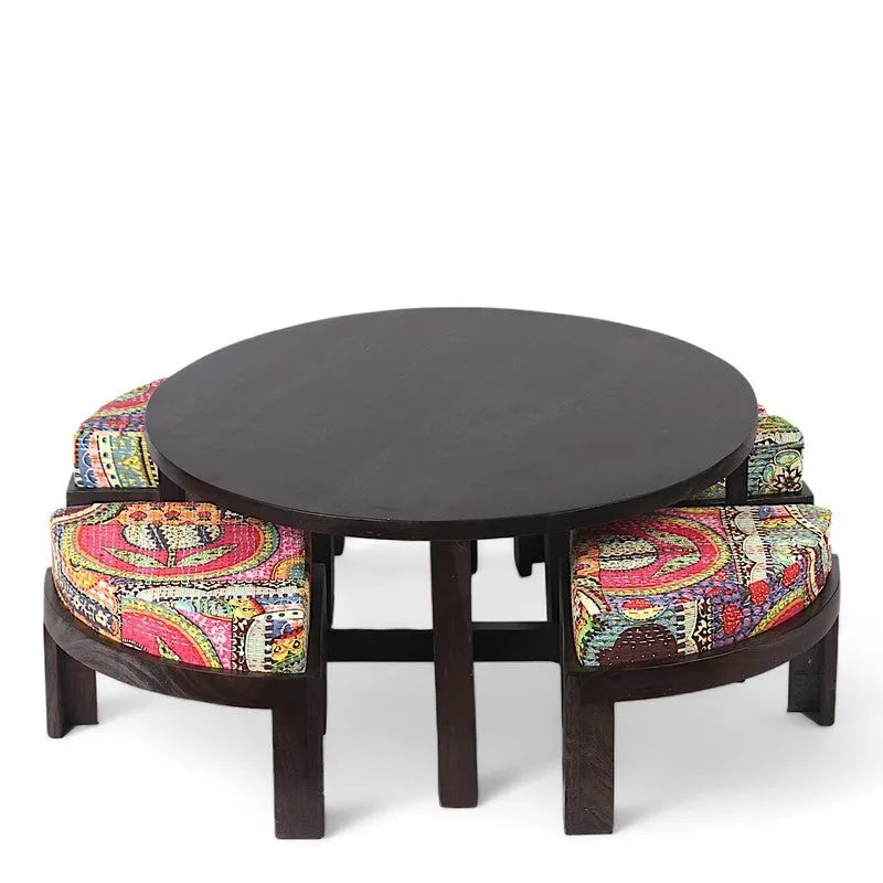 Ixeron Sheesham Wooden Center Table with Stools and Cushions (Brown) - Nine Piece Set media 4