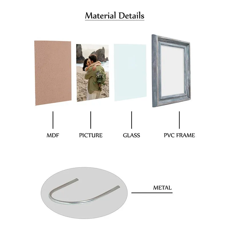 Photo frame component detail showing frame, picture, glass and support pieces