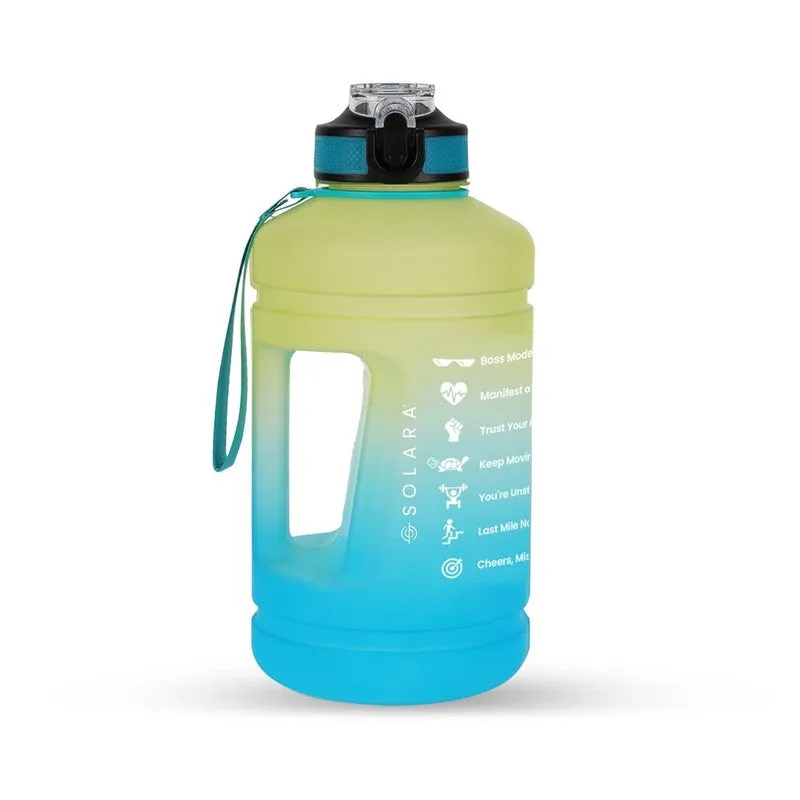 Blue and yellow gradient Solara water bottle with carry strap on a white background