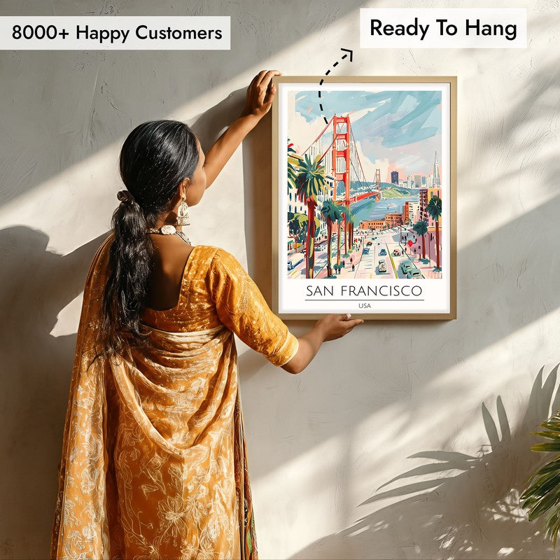 Vintage San Fransico Framed Canvas Archival Canvas Wall Painting - Natural Brown Frame media 7