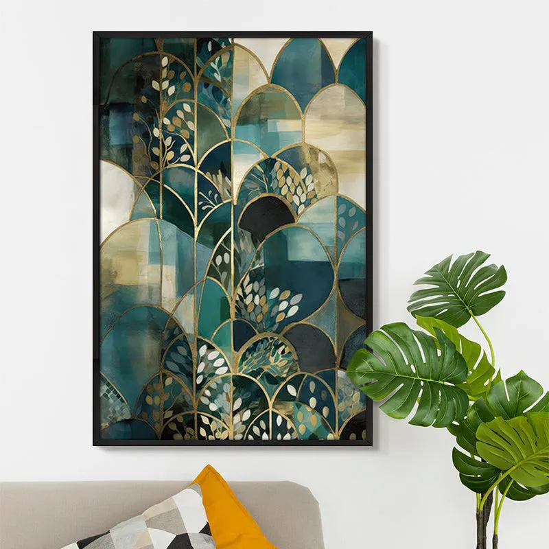 Framed teal and gold floral abstract wall painting styled beside green leaves