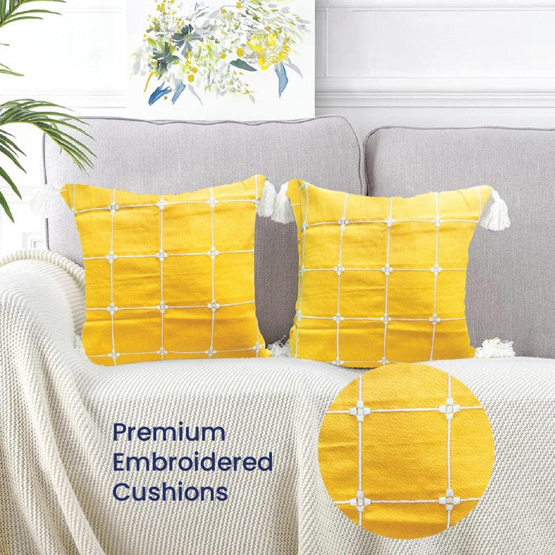 Urban Space Modern Grid Yellow Cotton Cushion Covers - Set Of Two media 3