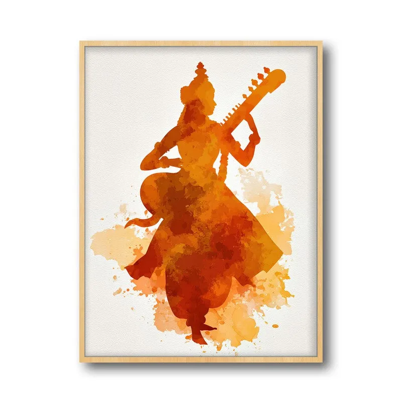 Sri Saraswati Devi Playing Veena Archival Paper Wall Art - Natural Brown Frame media 5