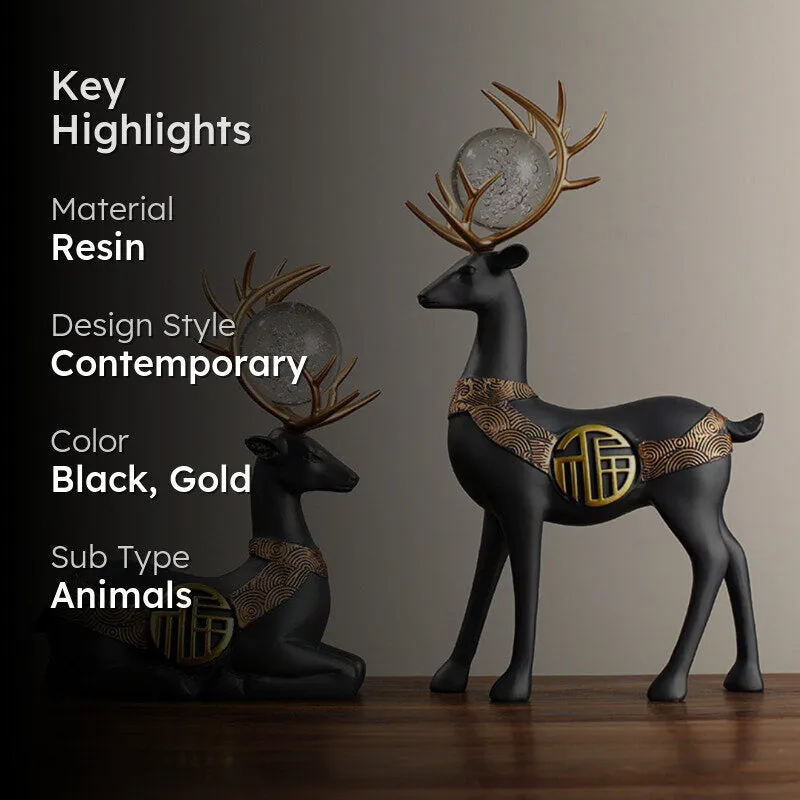 Chrystal Stag Showpiece (Black) - Set Of  Two media 2