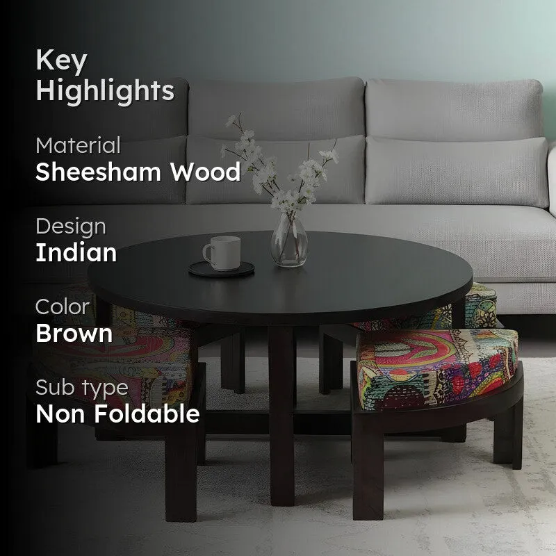 Ixeron Sheesham Wooden Center Table with Stools and Cushions (Brown) - Nine Piece Set media 2