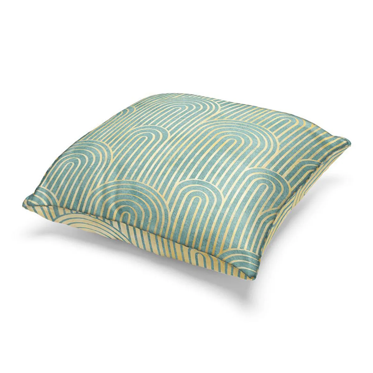 Reversible cushion cover shown in a deeper green and yellow geometric pattern