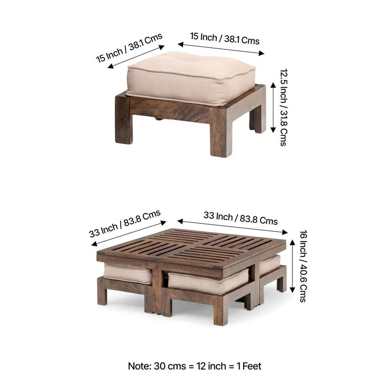 Gaviron Sheesham Wooden Center Table with Stools and Cushions (Dark Brown) - Nine Piece Set media 10