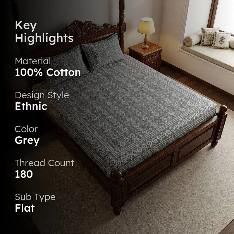Keira Ethnic Cotton Bedsheet (Grey) - 180 TC media 2