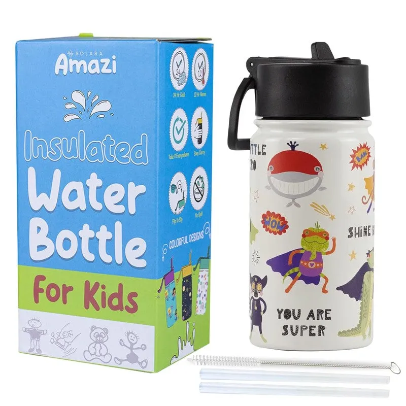 Kids insulated bottle beside branded box with straws and cleaning brush