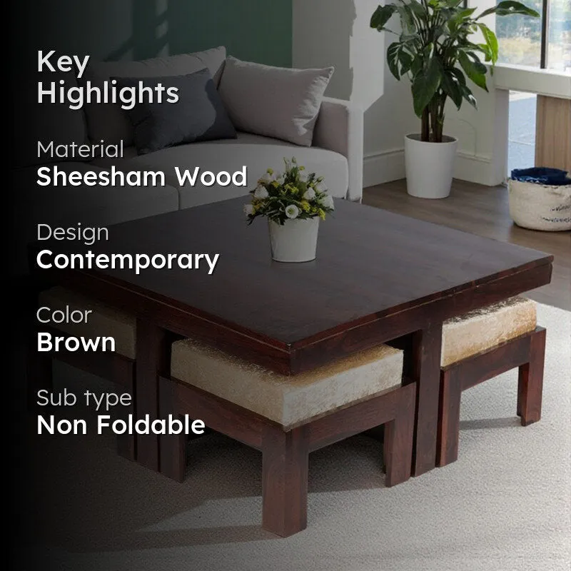 Evrino Sheesham Wooden Center Table with Stools and Cushions (Dark Brown) - Nine Piece Set media 2