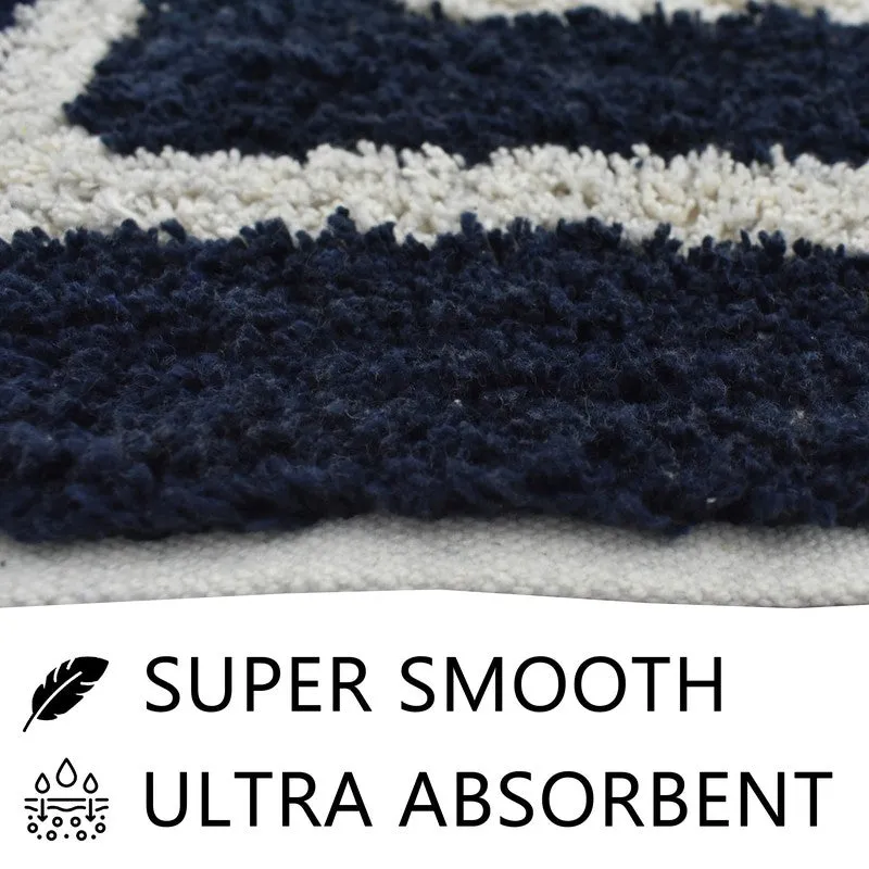 Close-up view showing the soft textured surface of the blue and white bath mat