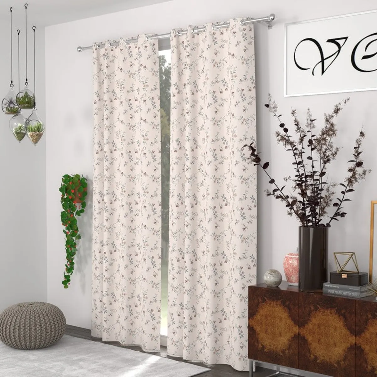 Pair of peach floral curtains framing a doorway in a contemporary living space