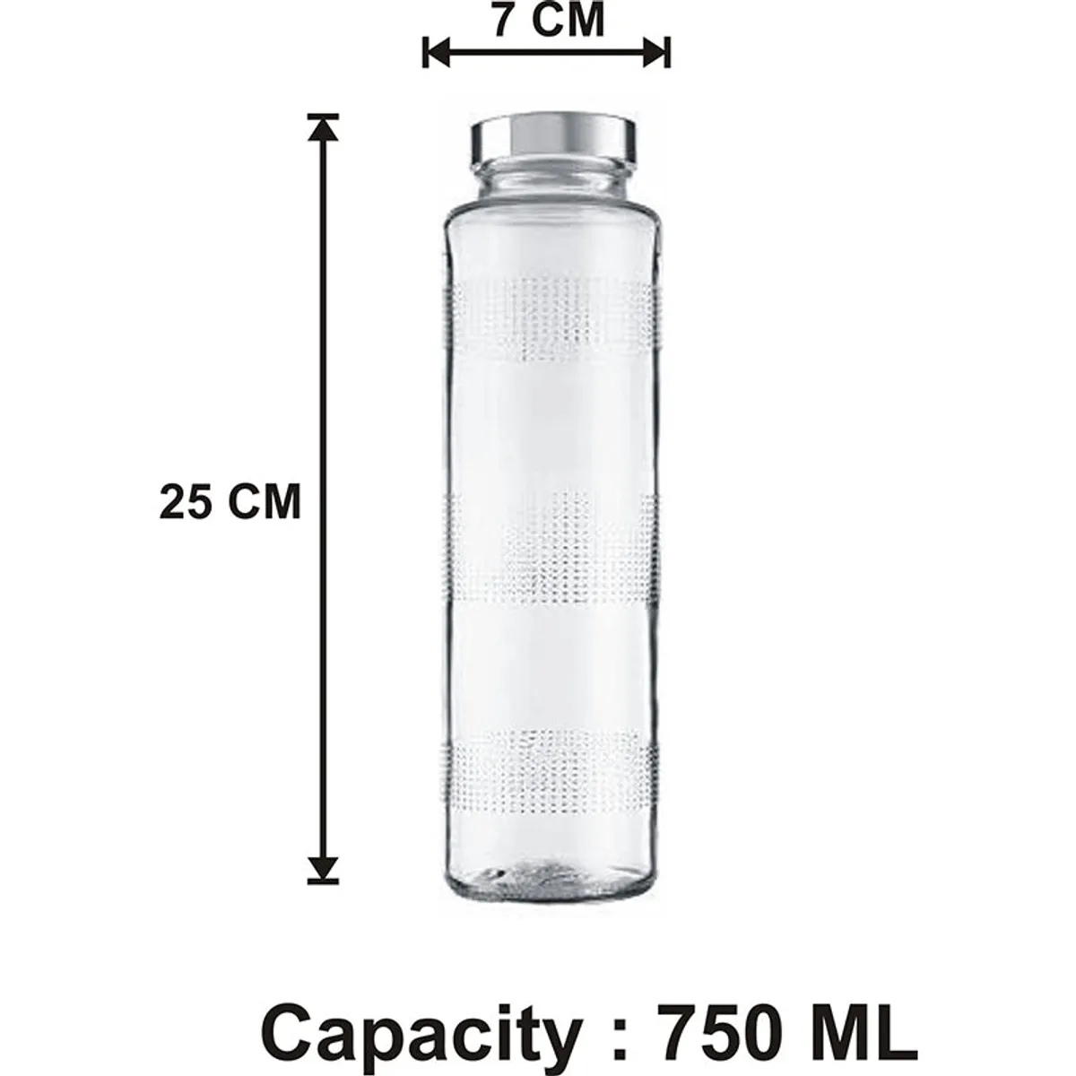 Transparent 750 ml glass bottle shown with 7 cm width and 25 cm height