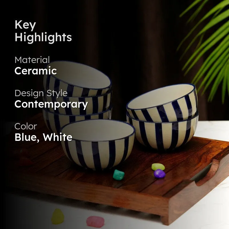 Crafted Ceramic Snack Bowls (Blue,White, 200 mL Each) - Set Of Six media 2