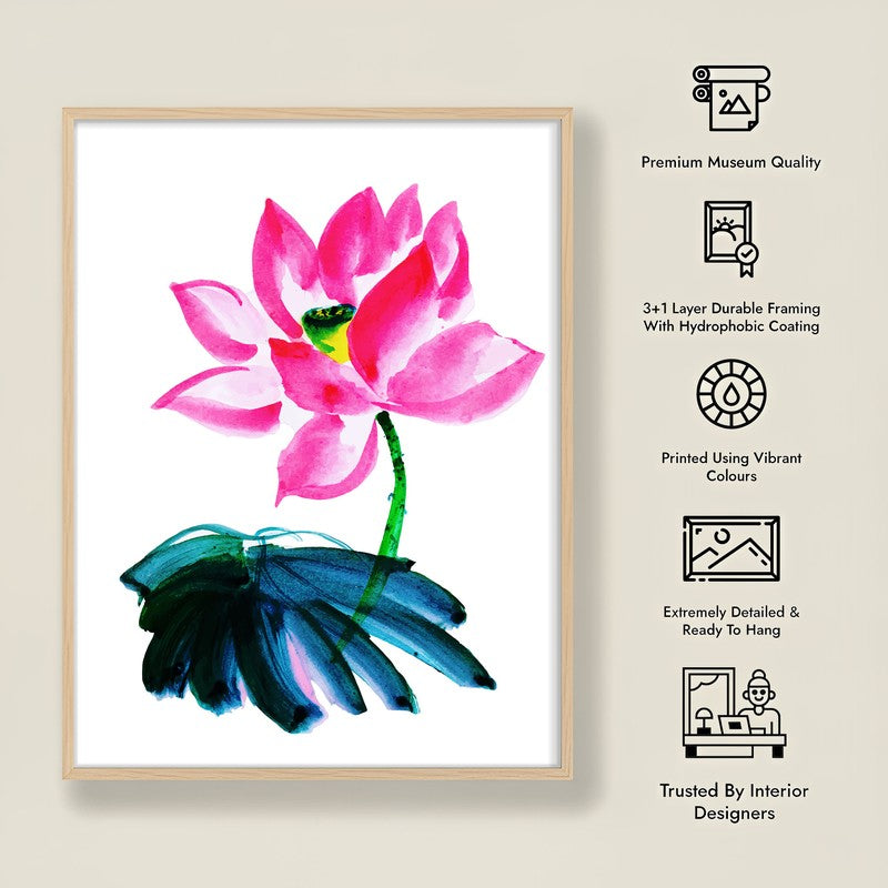 Pink Minimal Lotus Archival Paper Wall Art  - Natural Brown Frame media 9