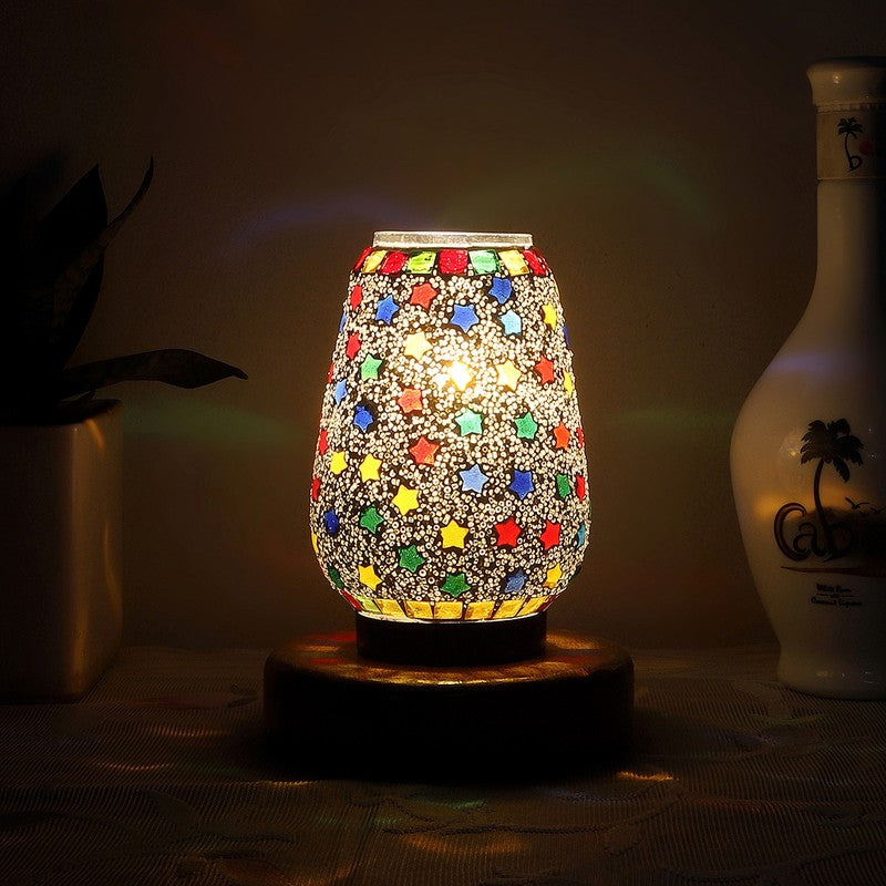 Blazeon Glass Table Lamp With Wooden Base - Multicolor