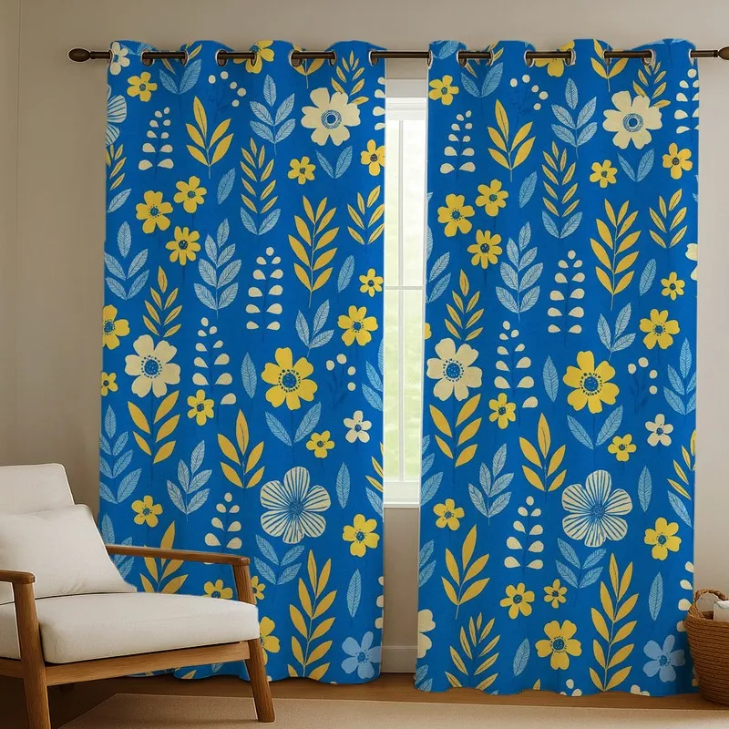PetalPop Cotton Curtains (blue,yellow) - Set Of Two media 1