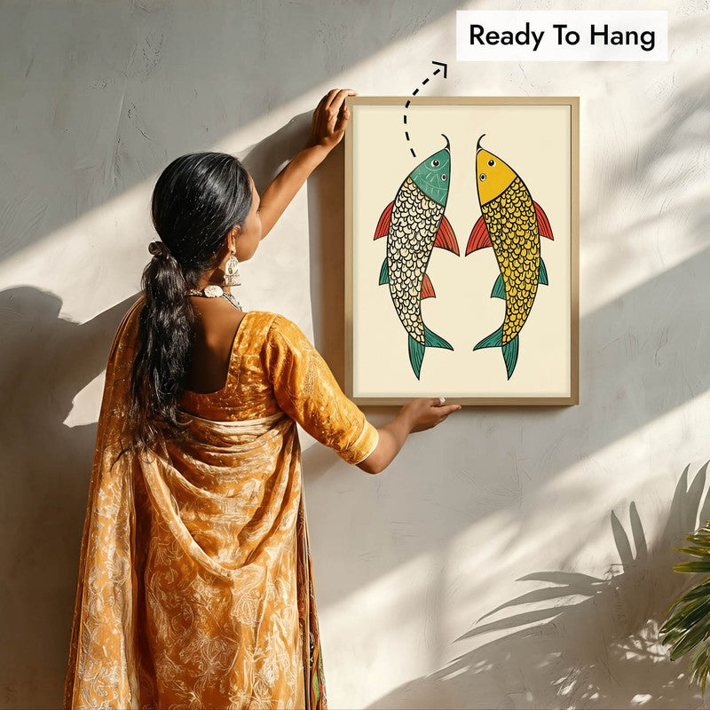 Twin Fish Folk Art Canvas Wall Painting With Brown Frame media 9