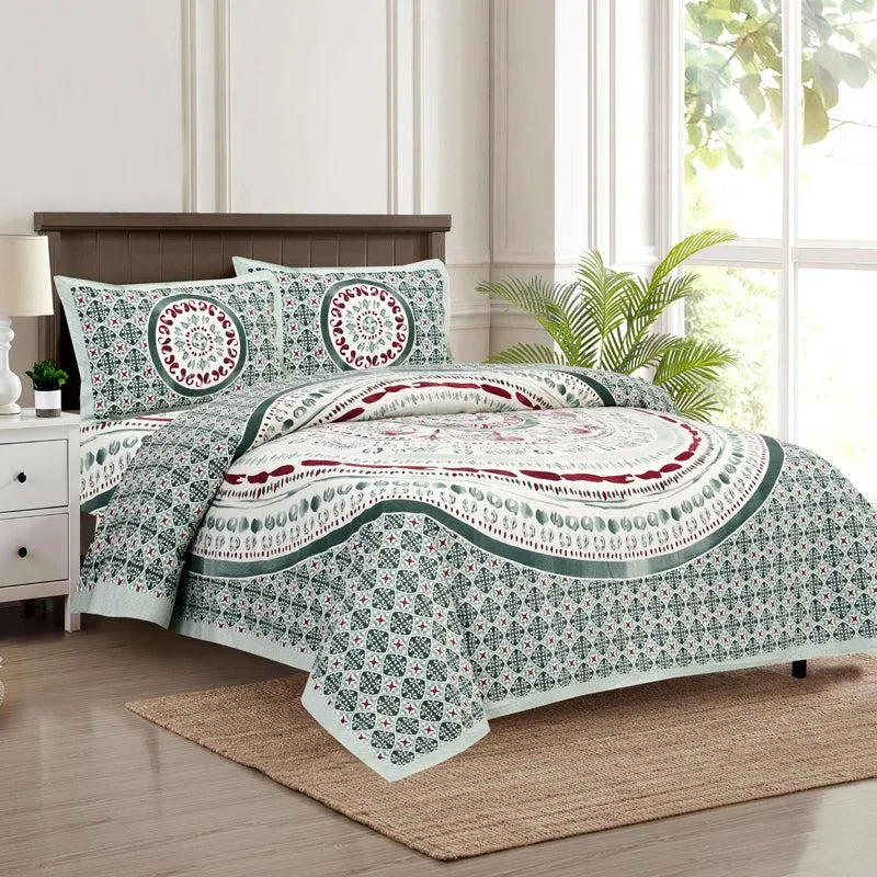 Mekhala Ethnic Cotton Flat Bedsheet (White & Green) - 160 TC media 7