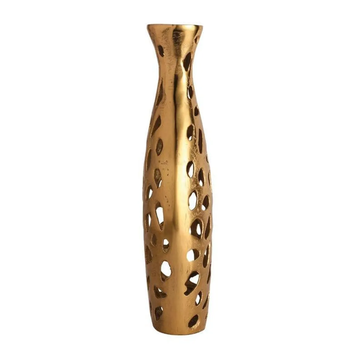 Side view of a gold cutout vase