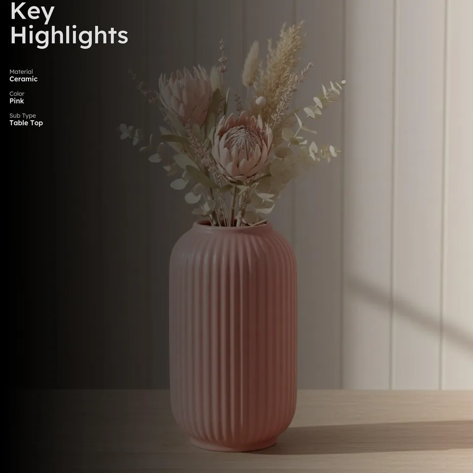 Opulent Ribbed Ceramic Vase - Pink media 2