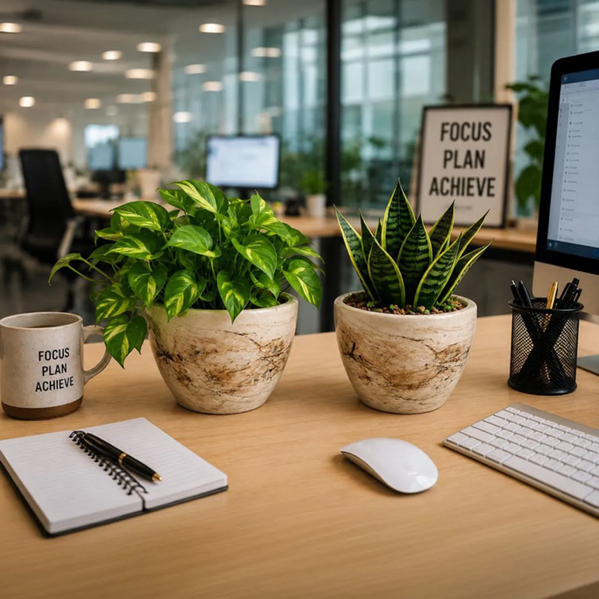 Two ceramic planters with green plants styled on an office desk.