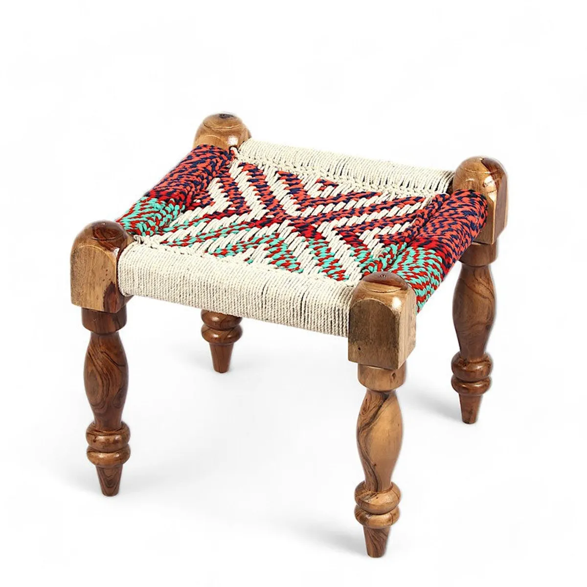 Close-up of a multicolour geometric rope stool