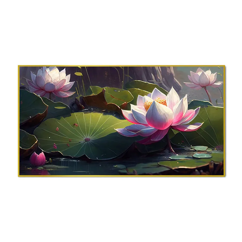 Chiaroscuro Lotus Floral Canvas Wall Painting With Frame - Gold media 5