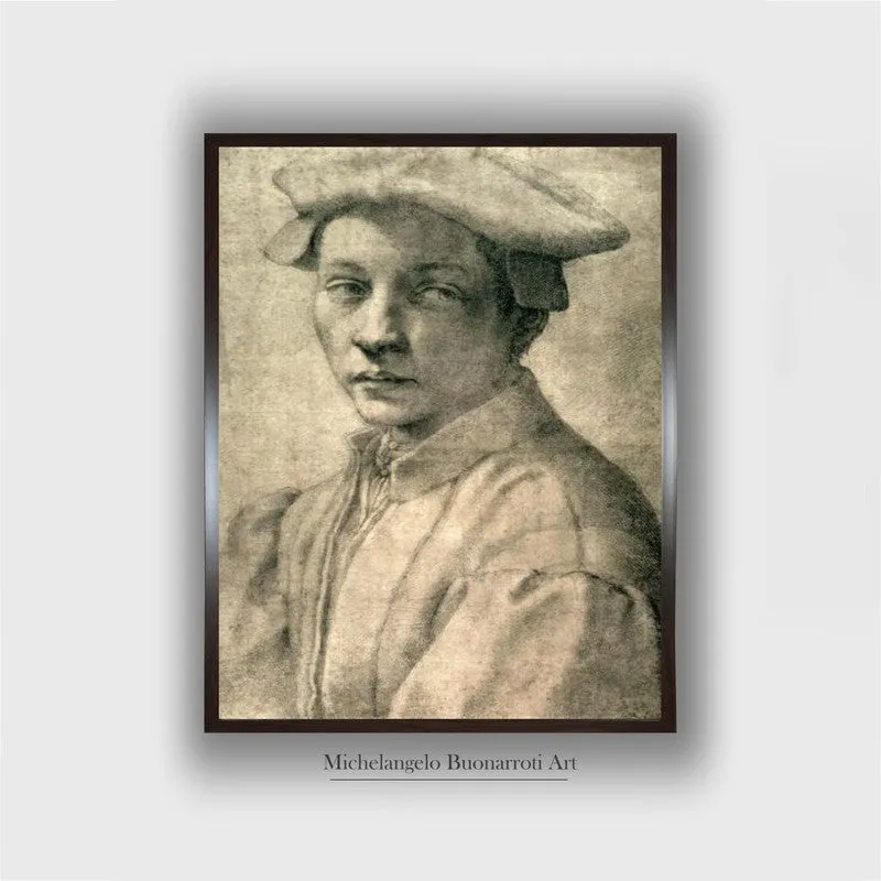 Front view of a framed sepia portrait wall painting on a light background