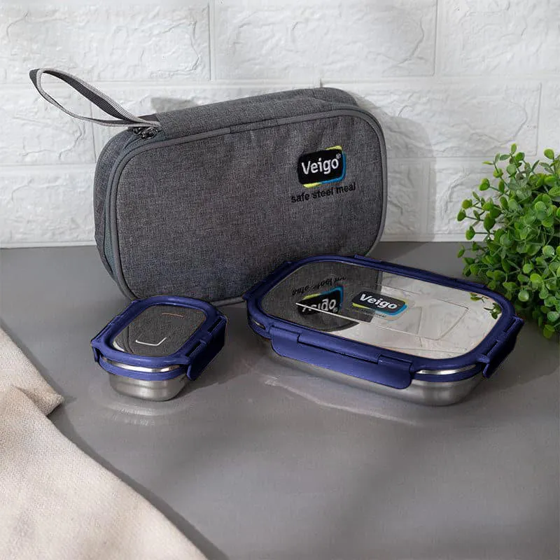 Delico Pack Blue Lunch Box With Insulated Pouch (775 /150 mL) - Three Piece Set media 1