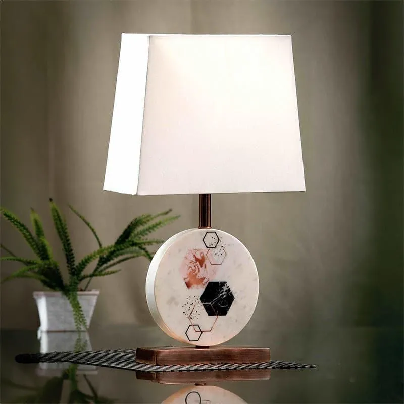 Hexa Marble & Copper Base Fabric Table Lamp - White media 1