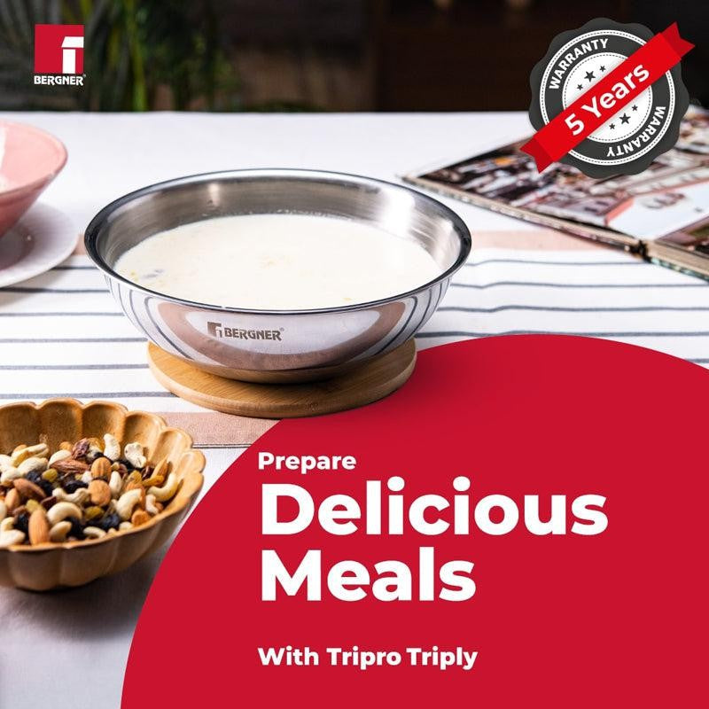 Bergner Tripro Triply Stainless Steel Cook and Serve Tasra With Lid - 3000 ML