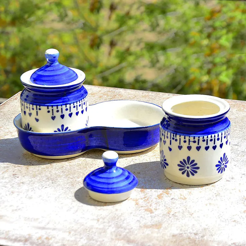 Sabai Ceramic Jar With Tray (Blue/225 mL) - Three Piece Set media 3