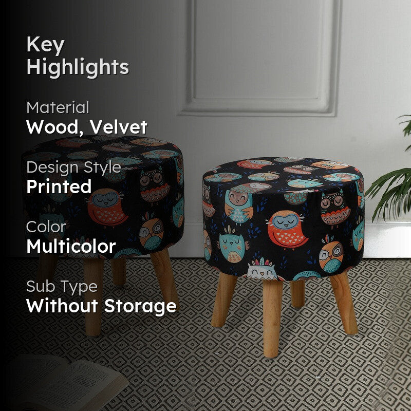 Avira Owl Print Multicolor Engineered Wood Ottomans - Set Of Two media 2