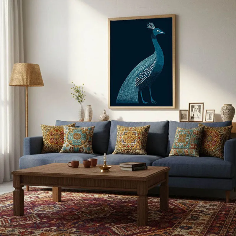 Peaceful Peacock Folk Art Canvas Wall Painting With Brown Frame media 5
